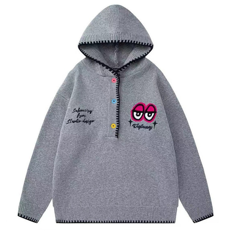 Funky Eye Embroidered Knitted Hoodie