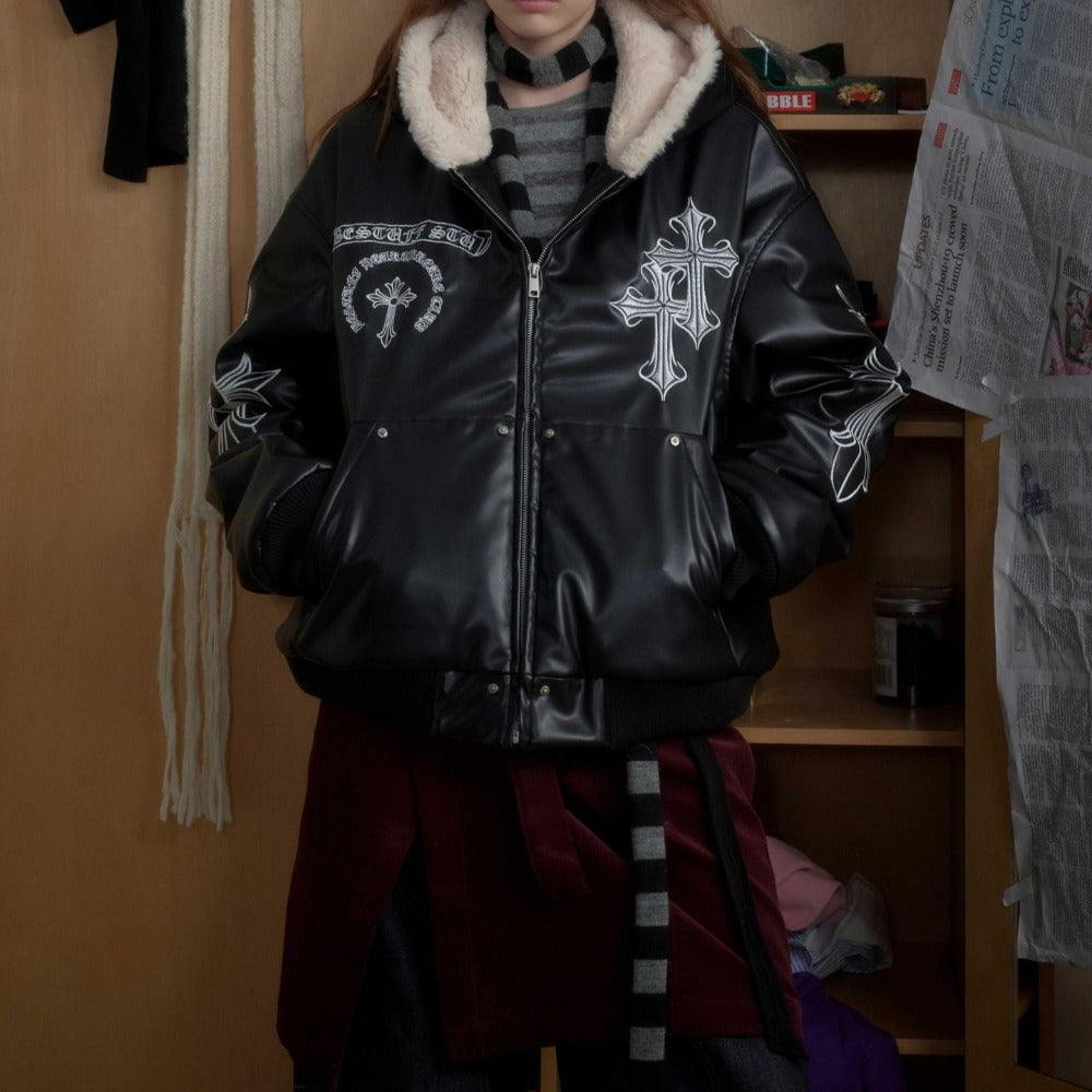 Gothic Cross-embroidered Leather Padded Jacket
