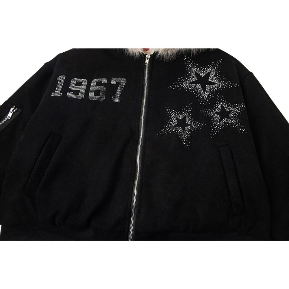 1967 Star Rhinestone Faux Fur Hooded Jacket - Thrashink