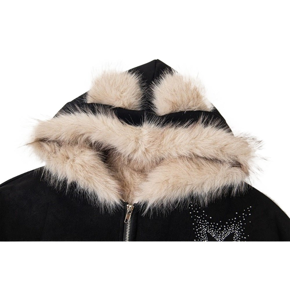 1967 Star Rhinestone Faux Fur Hooded Jacket - Thrashink