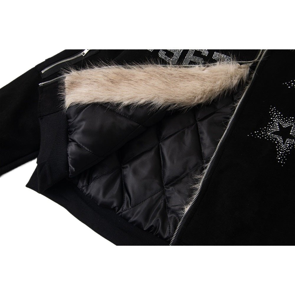 1967 Star Rhinestone Faux Fur Hooded Jacket - Thrashink