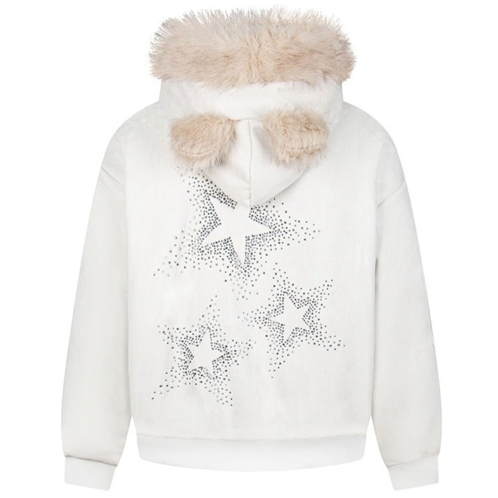 1967 Star Rhinestone Faux Fur Hooded Jacket - Thrashink