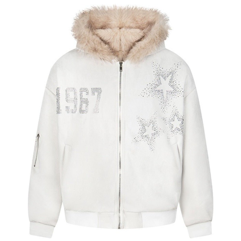 1967 Star Rhinestone Faux Fur Hooded Jacket - Thrashink