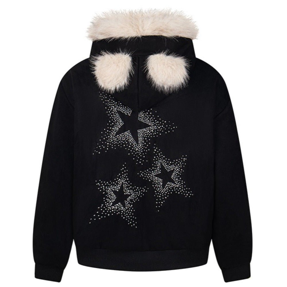 1967 Star Rhinestone Faux Fur Hooded Jacket - Thrashink