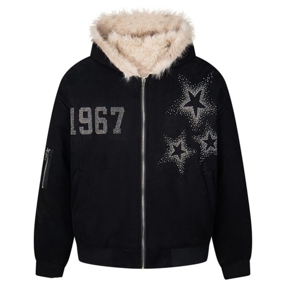 1967 Star Rhinestone Faux Fur Hooded Jacket - Thrashink