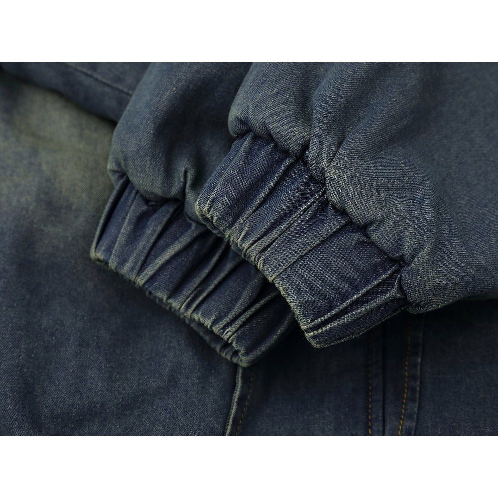 Washed Denim Sherpa Collar Patched Padded Jacket