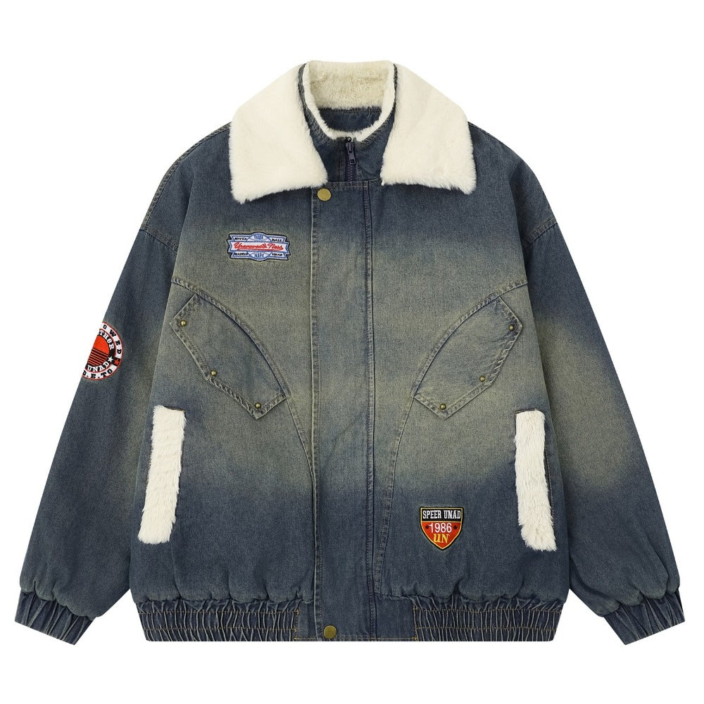 Washed Denim Sherpa Collar Patched Padded Jacket