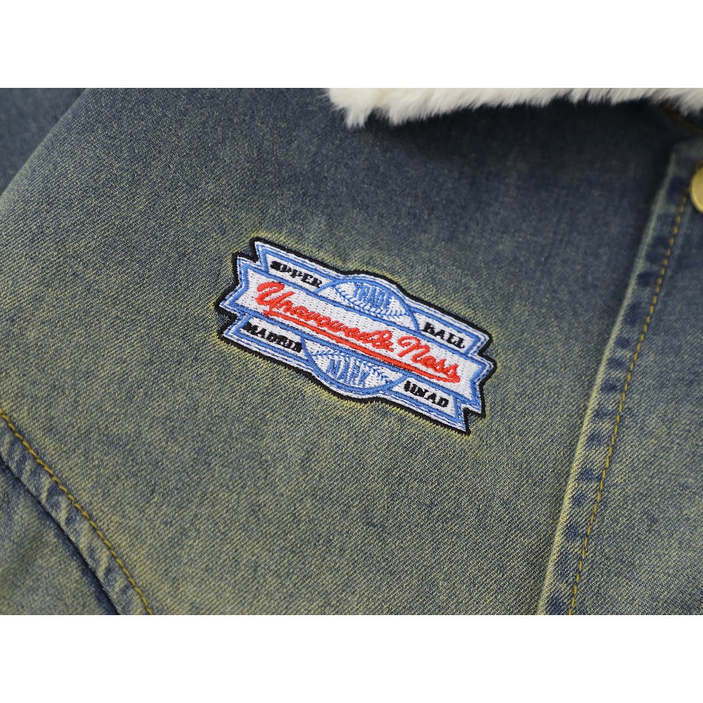 Washed Denim Sherpa Collar Patched Padded Jacket
