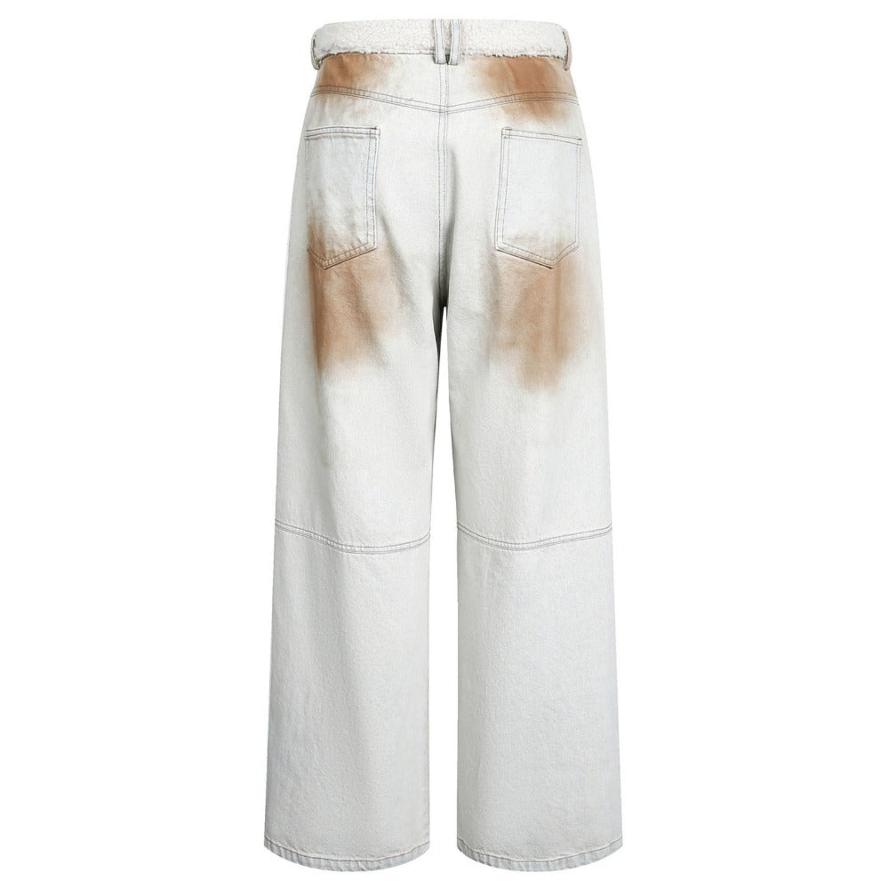 Distressed Faded Plush Waistband Patchwork Jeans