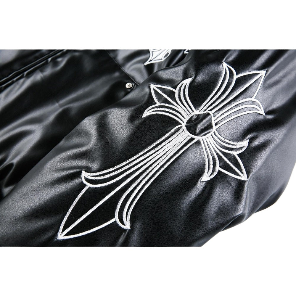Gothic Cross-embroidered Leather Padded Jacket