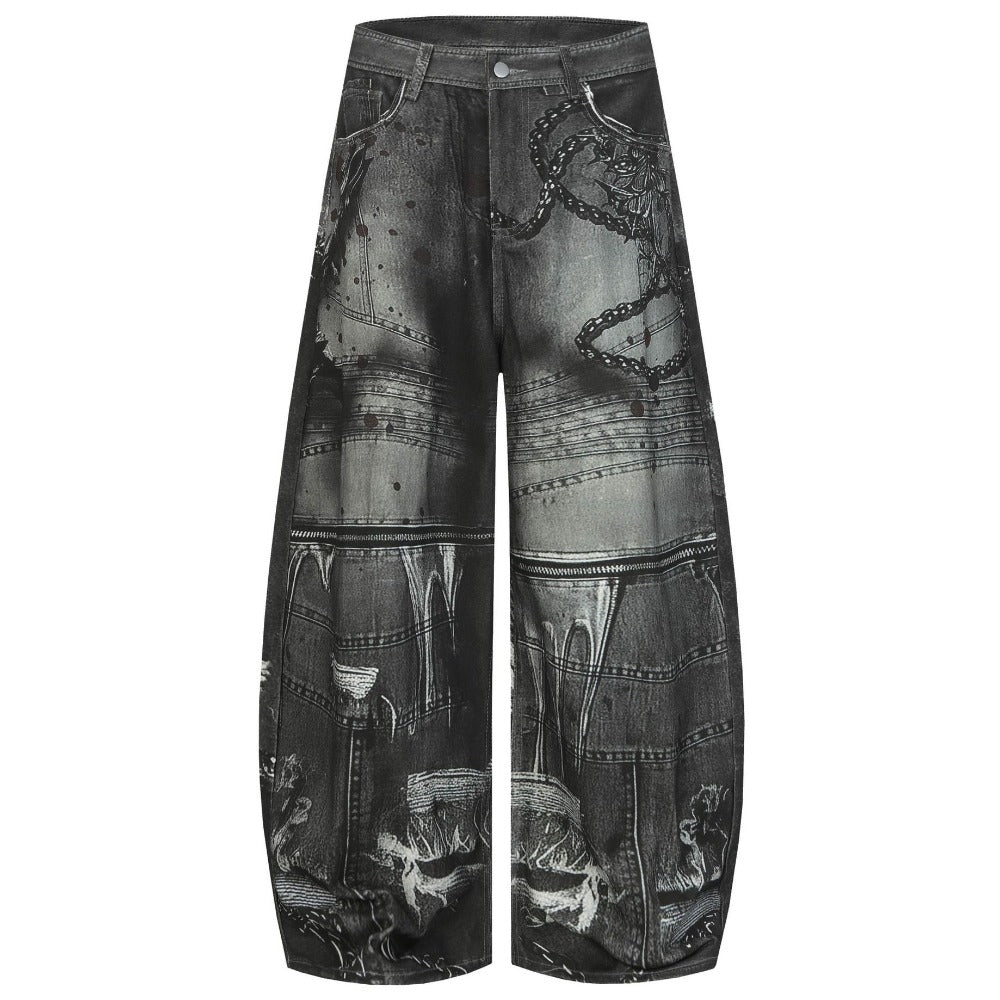 3D Printed Gothic Chain Art Wide - Leg Jeans - Thrashink