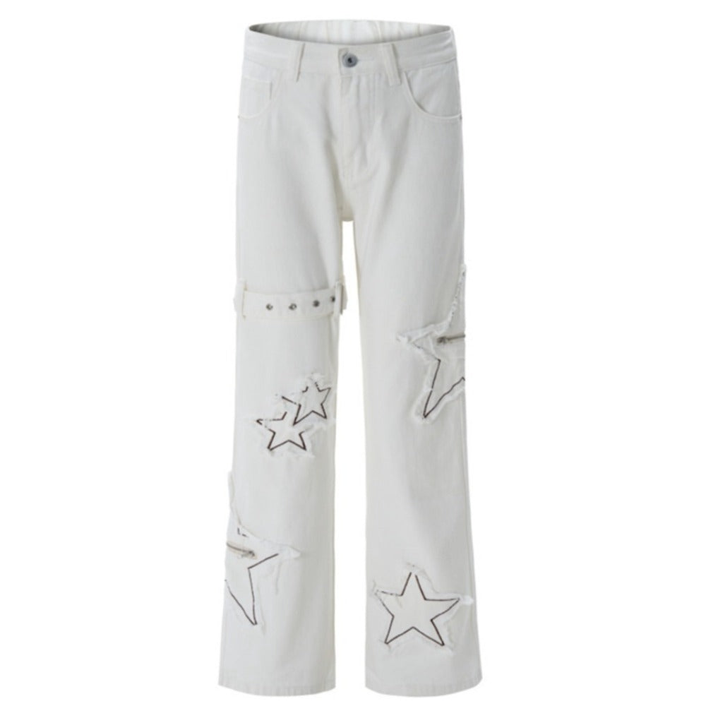 Y2K Star Pattern Zip & Buckle Flared Jeans