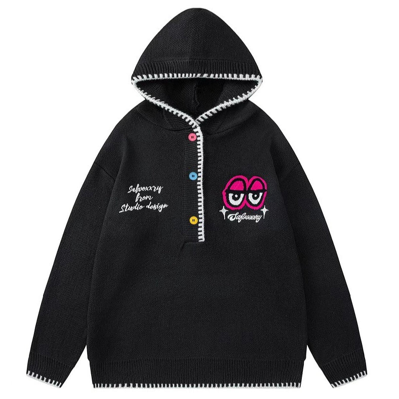 Funky Eye Embroidered Knitted Hoodie