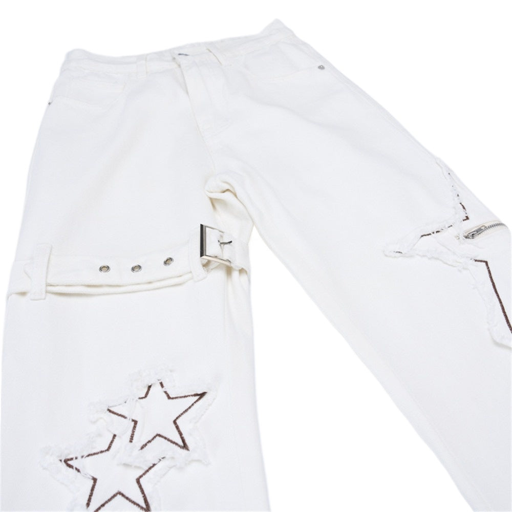 Y2K Star Pattern Zip & Buckle Flared Jeans