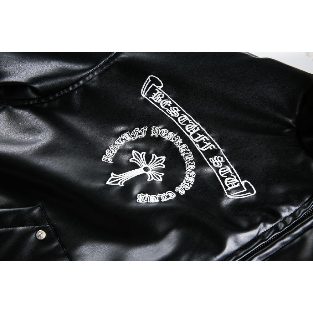 Gothic Cross-embroidered Leather Padded Jacket