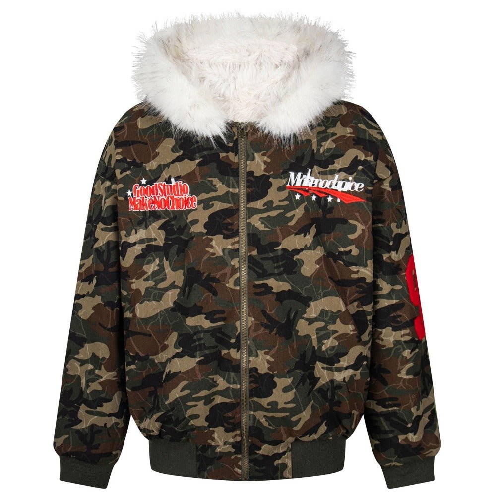 90 Camo Faux Fur Hooded Jacket - Thrashink