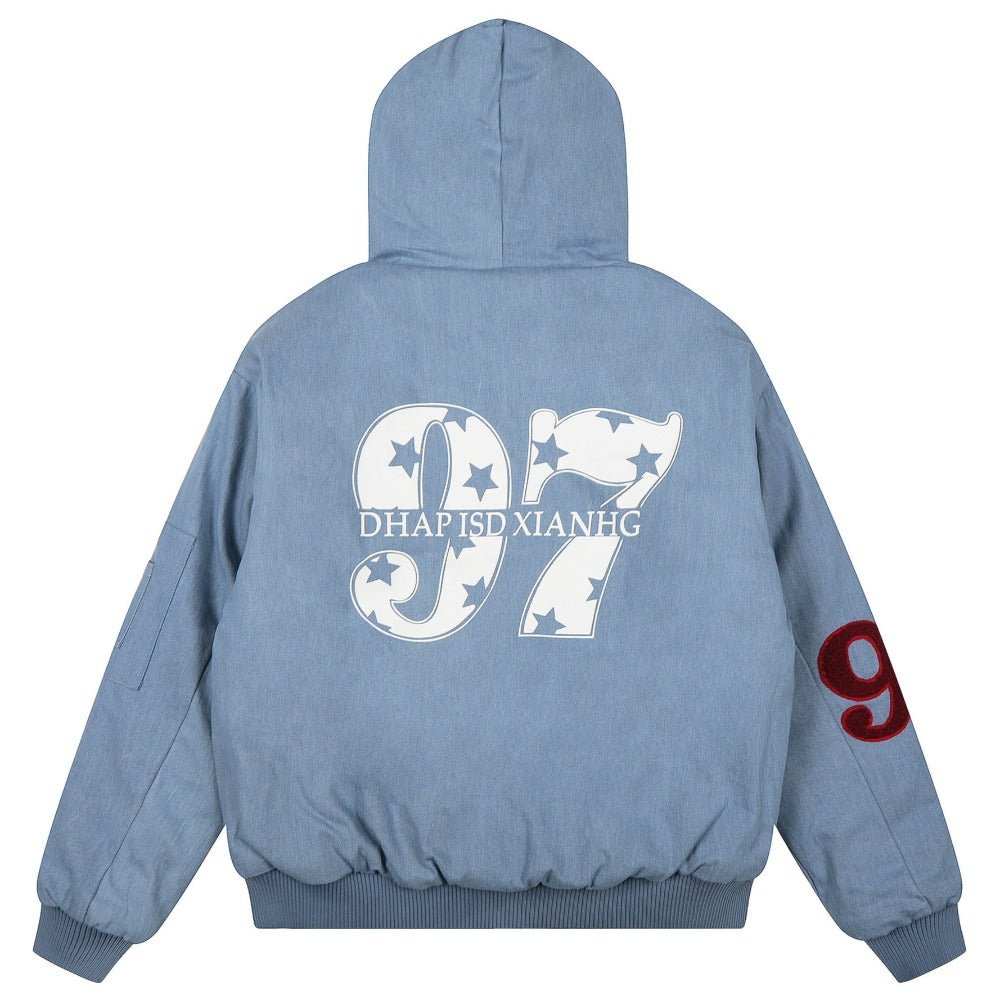 97 Hooded Denim Graphic Padded Jacket - Thrashink