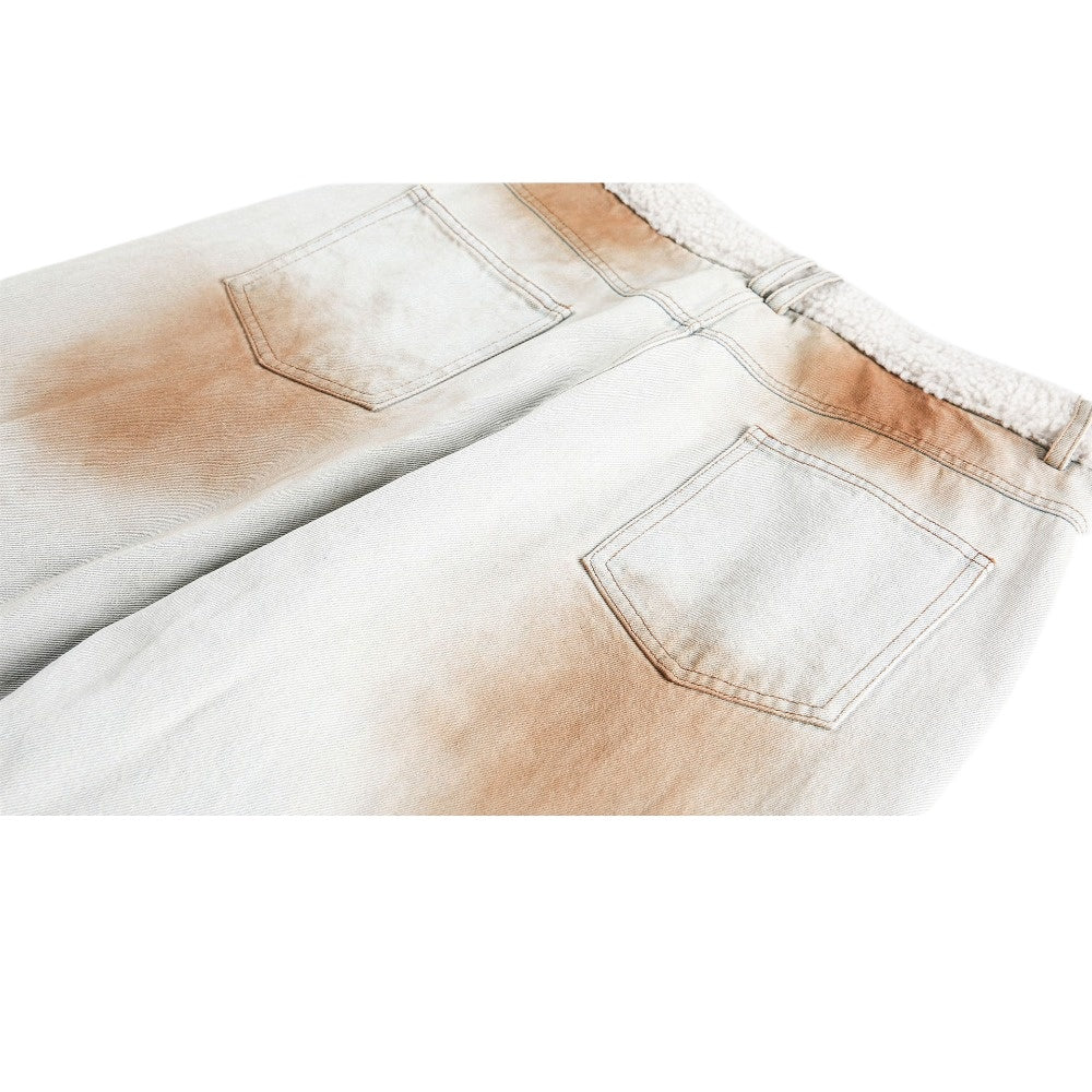 Distressed Faded Plush Waistband Patchwork Jeans