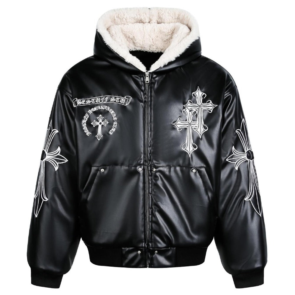 Gothic Cross-embroidered Leather Padded Jacket