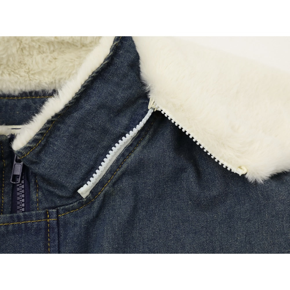 Washed Denim Sherpa Collar Patched Padded Jacket