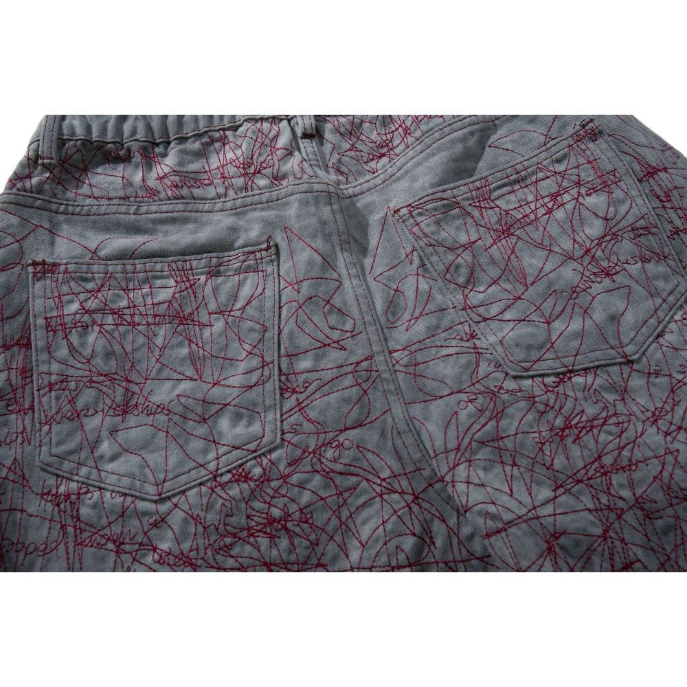 Abstract Line Print Wide - Leg Jeans - Thrashink