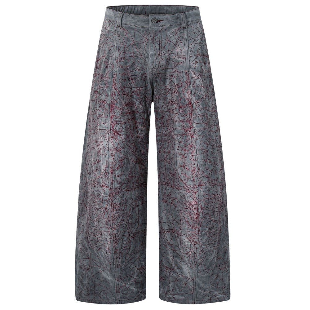 Abstract Line Print Wide - Leg Jeans - Thrashink