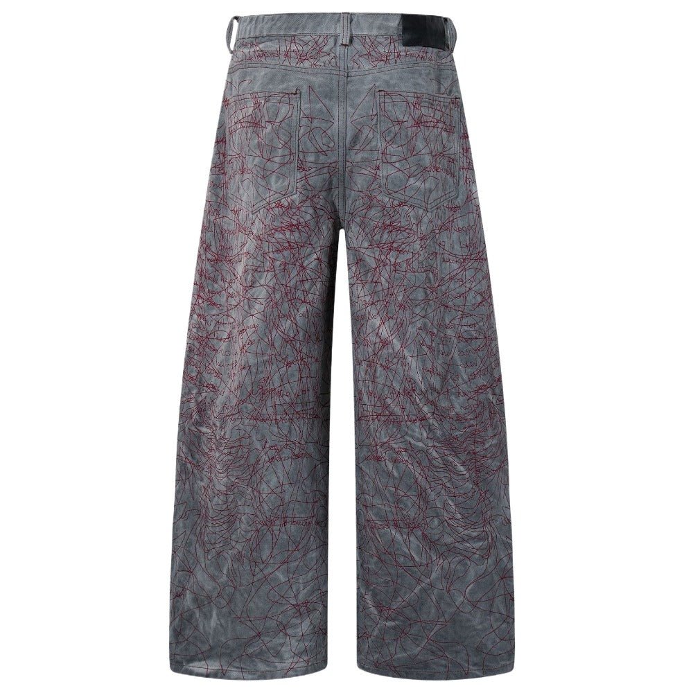 Abstract Line Print Wide - Leg Jeans - Thrashink