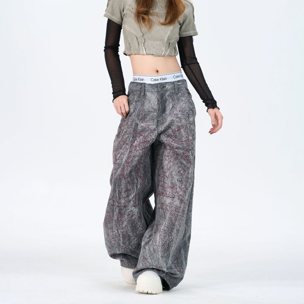 Abstract Line Print Wide - Leg Jeans - Thrashink