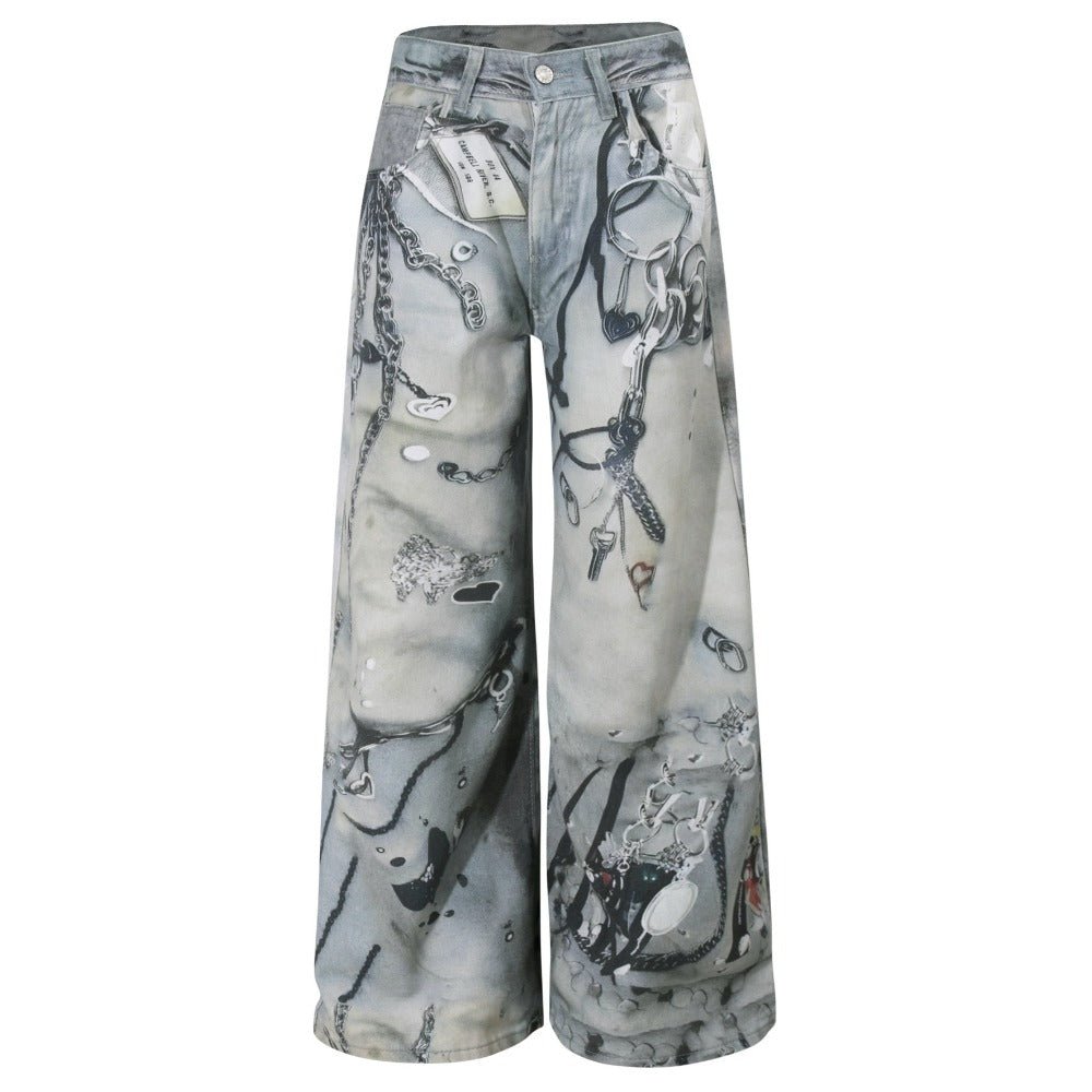 Artistic Print 3D Chain - Embellished Jeans - Thrashink