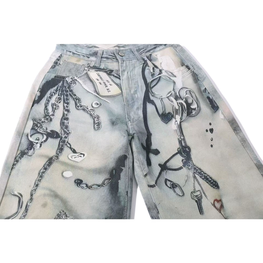 Artistic Print 3D Chain - Embellished Jeans - Thrashink