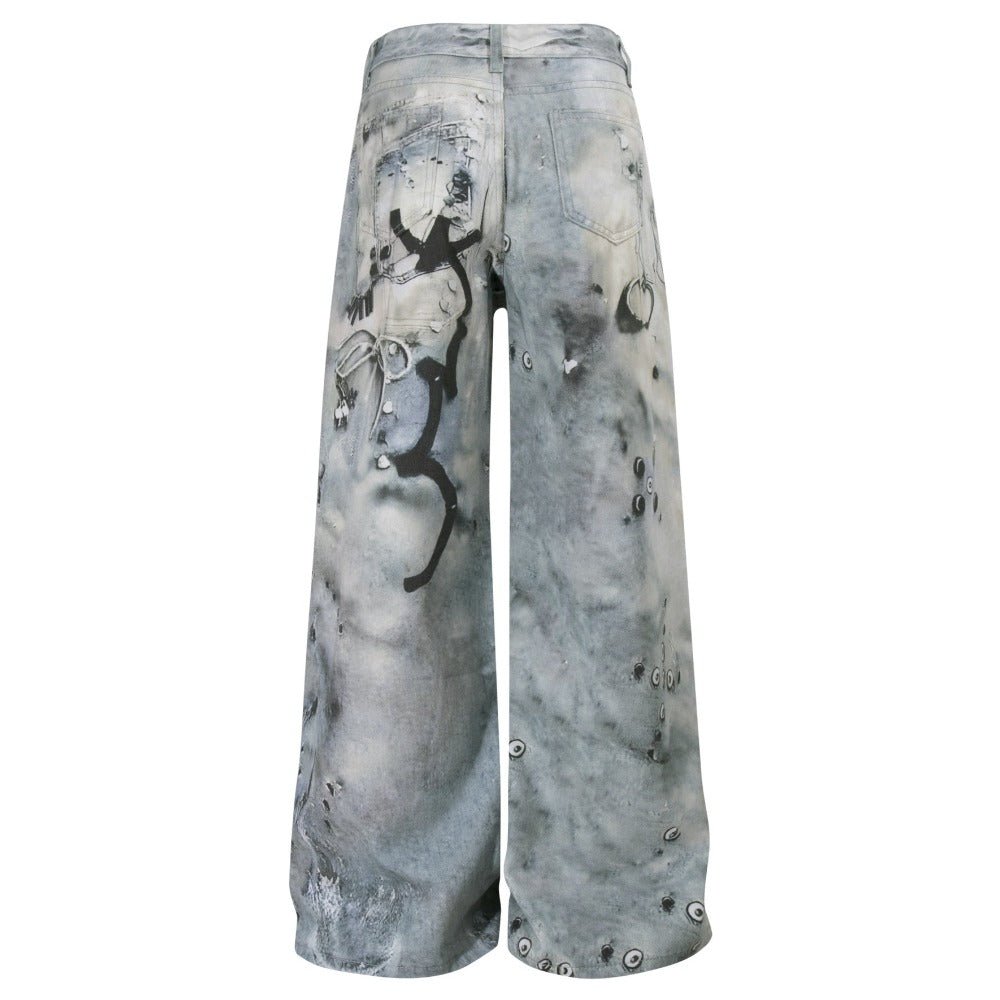 Artistic Print 3D Chain - Embellished Jeans - Thrashink