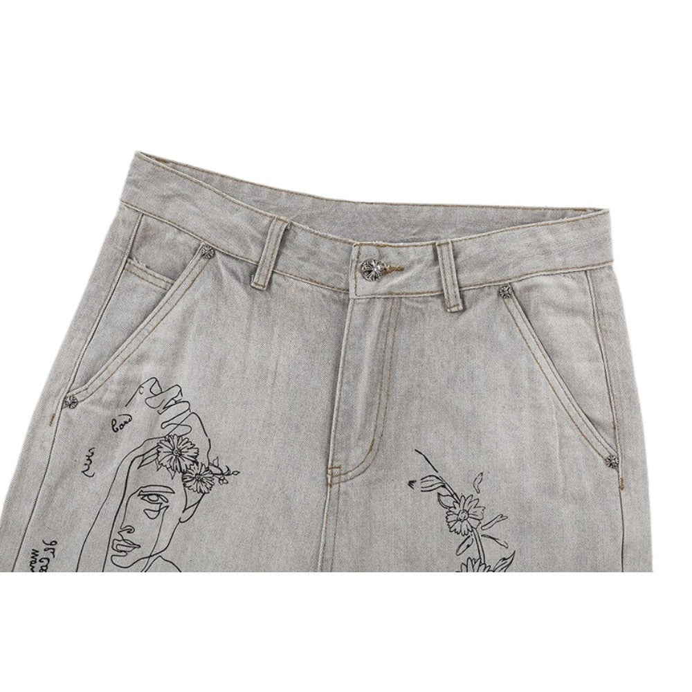 Artistic Sketch Portrait & Floral Print Jeans - Thrashink