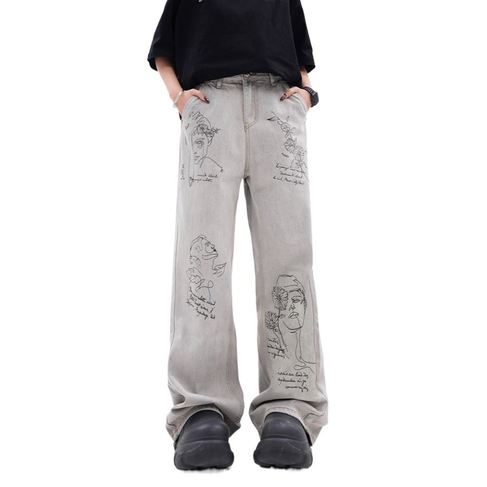 Artistic Sketch Portrait & Floral Print Jeans - Thrashink