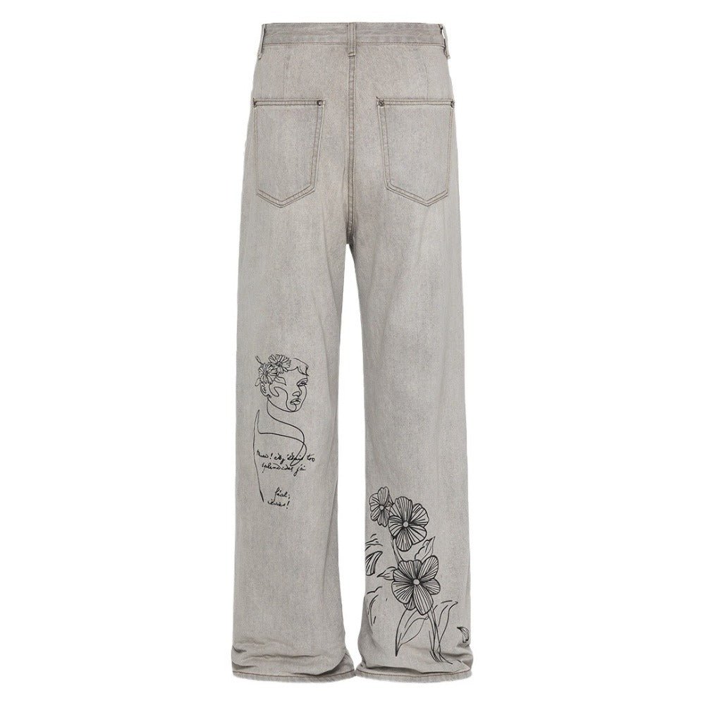 Artistic Sketch Portrait & Floral Print Jeans - Thrashink