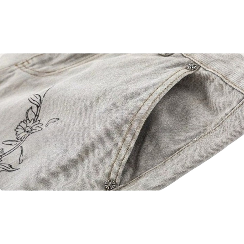 Artistic Sketch Portrait & Floral Print Jeans - Thrashink