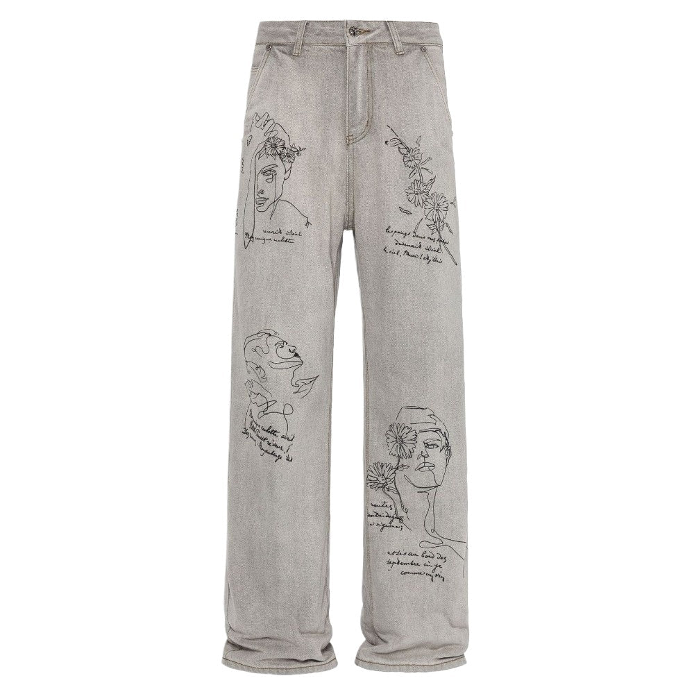 Artistic Sketch Portrait & Floral Print Jeans - Thrashink