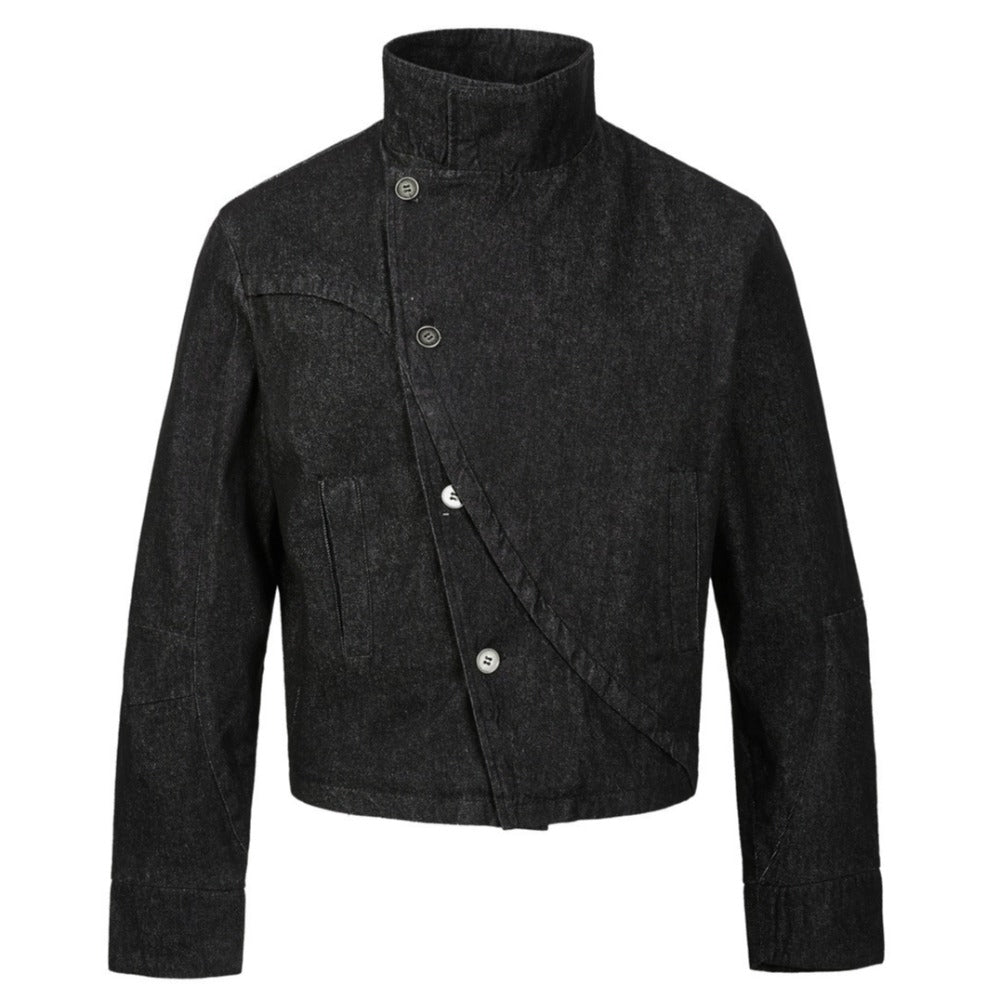 Asymmetric Black Denim Stand Collar Jacket - Thrashink