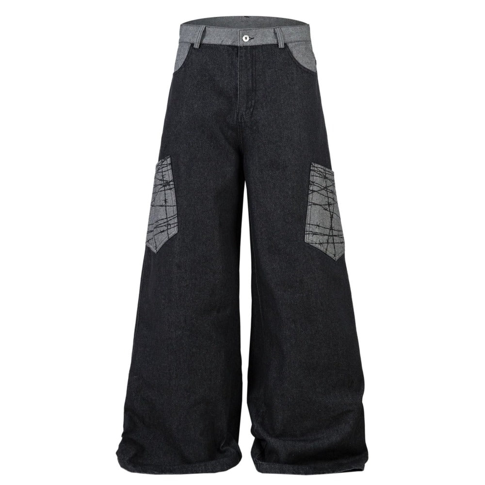Baggy Patchwork Wide - leg Jeans - Thrashink
