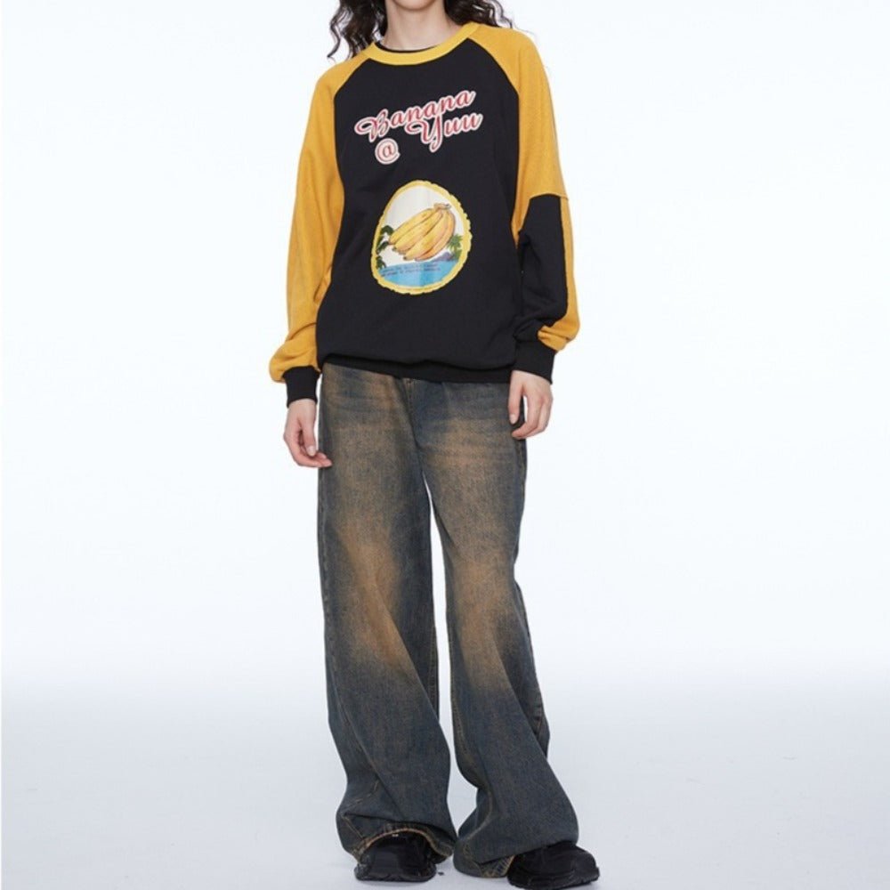 Banana Print Raglan Sleeve Sweatshirt - Thrashink