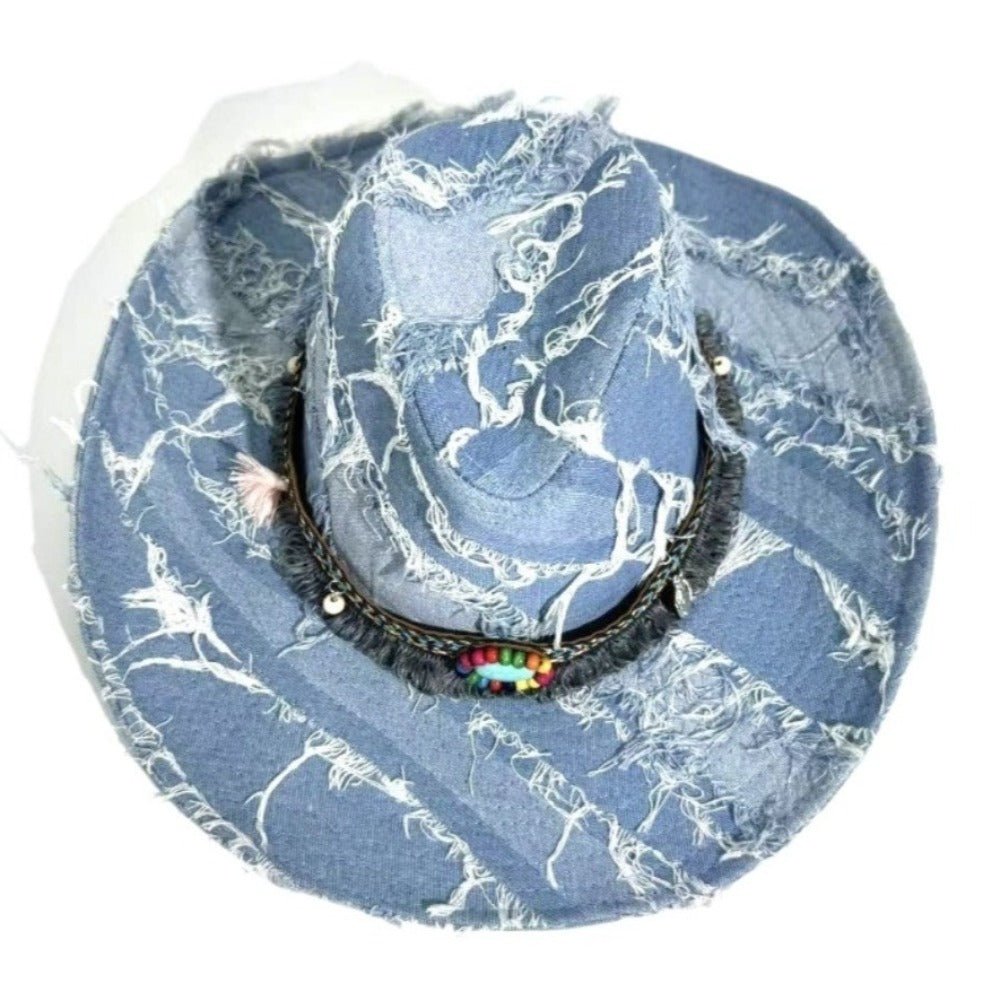 Beaded Fringe Distressed Denim Cowboy Hat - Thrashink