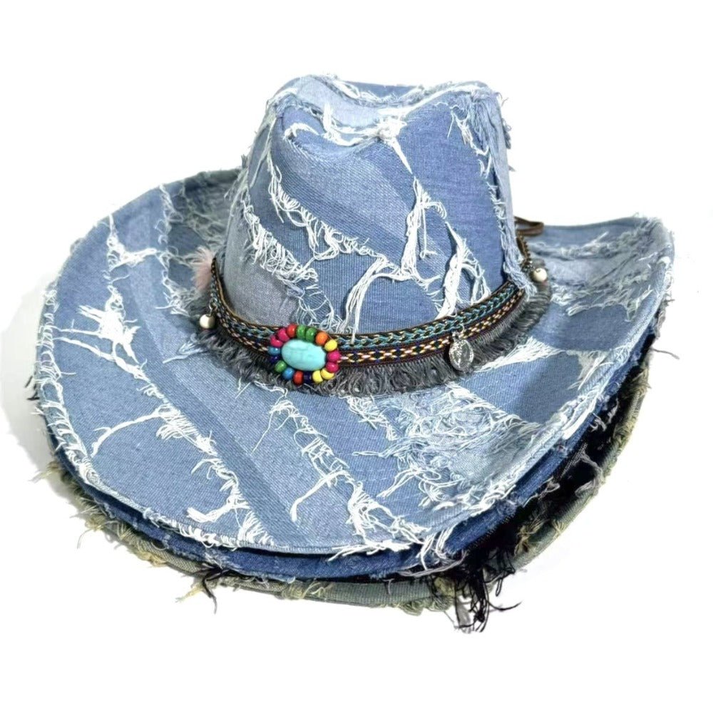 Beaded Fringe Distressed Denim Cowboy Hat - Thrashink