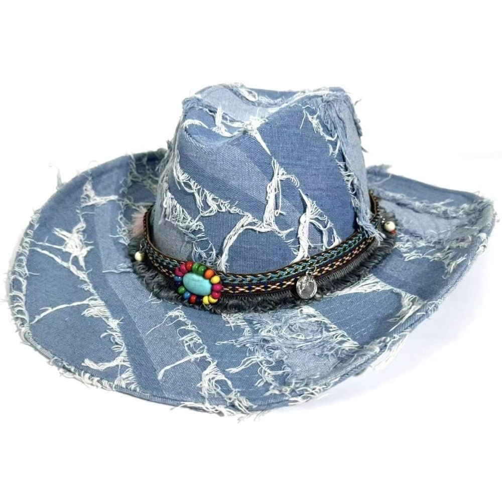 Beaded Fringe Distressed Denim Cowboy Hat - Thrashink