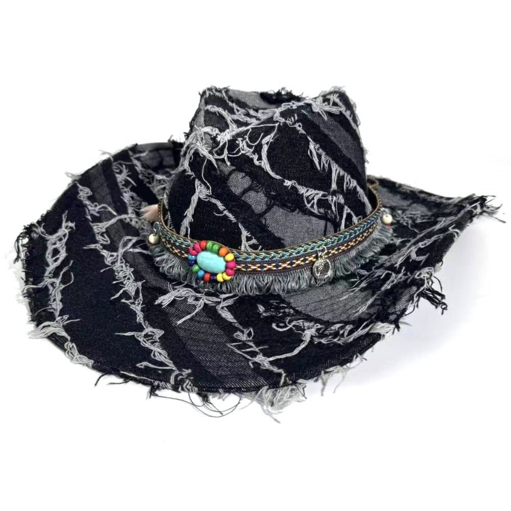 Beaded Fringe Distressed Denim Cowboy Hat - Thrashink