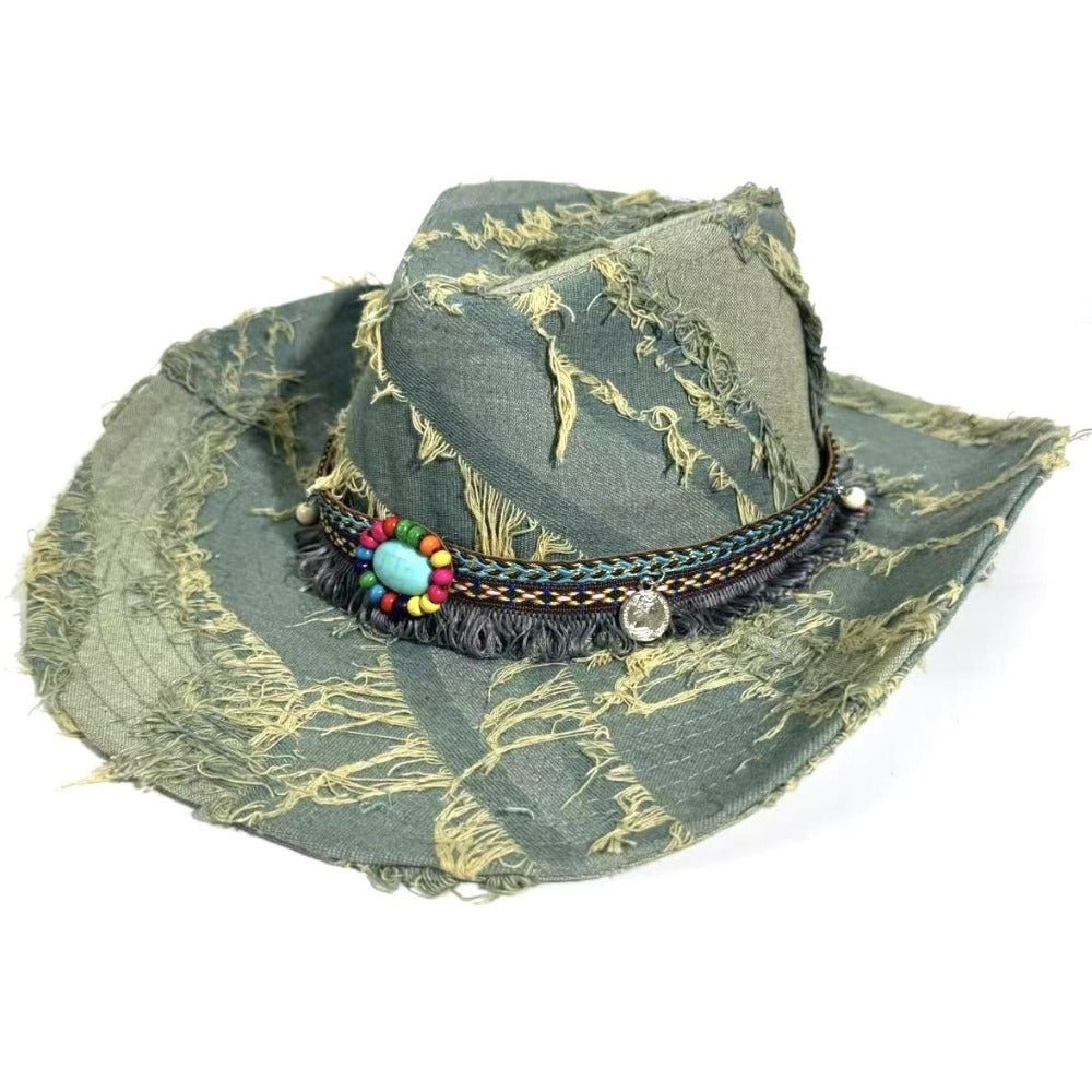 Beaded Fringe Distressed Denim Cowboy Hat - Thrashink
