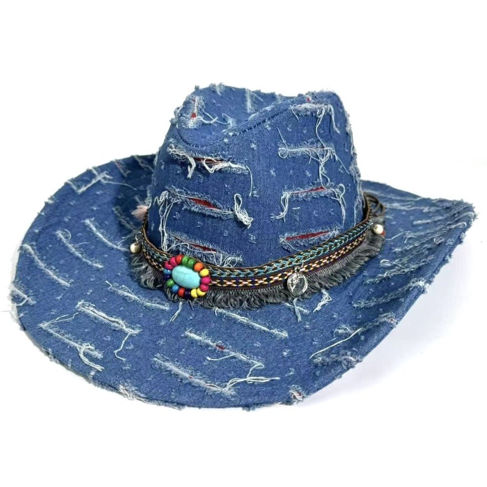 Beaded Fringe Distressed Denim Cowboy Hat - Thrashink