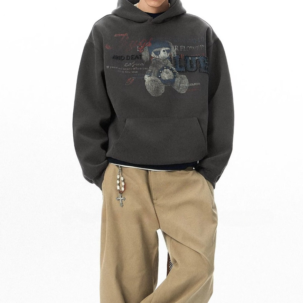 Bear Beaded Print Hoodie - Thrashink