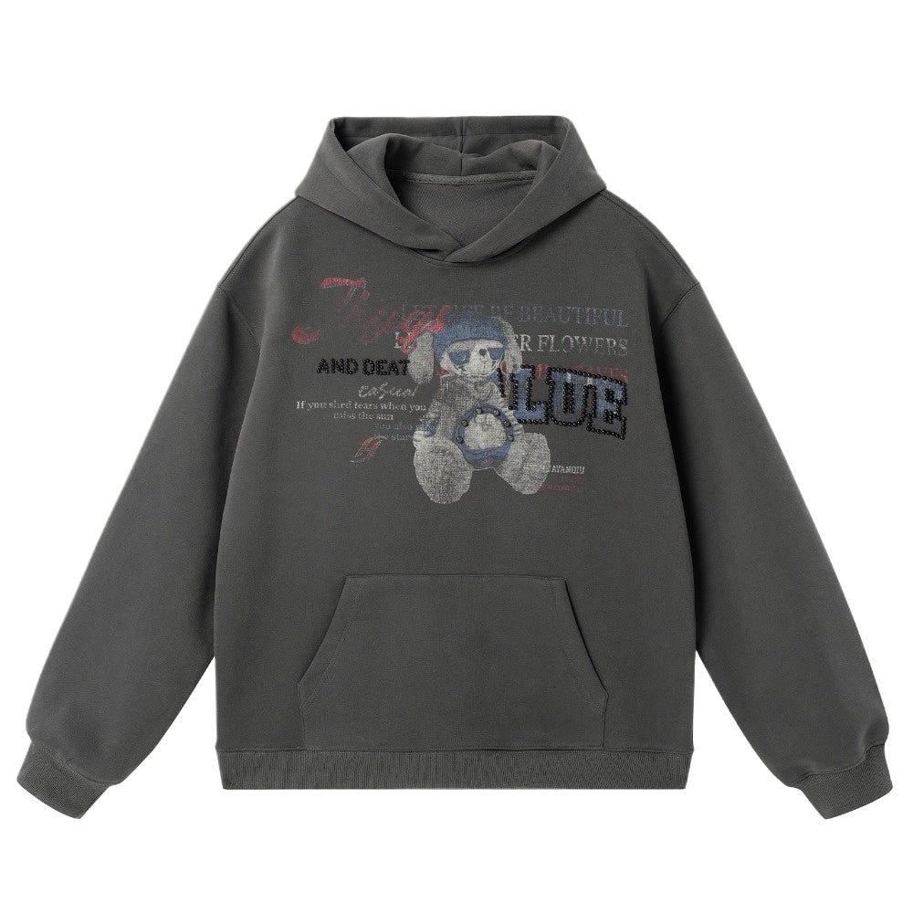Bear Beaded Print Hoodie - Thrashink