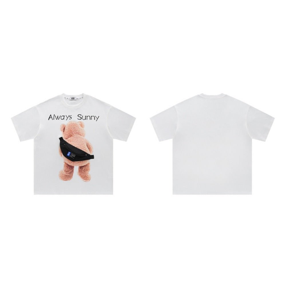 Bear Print Shoulder Bag Short Sleeve T-Shirt - Thrashink