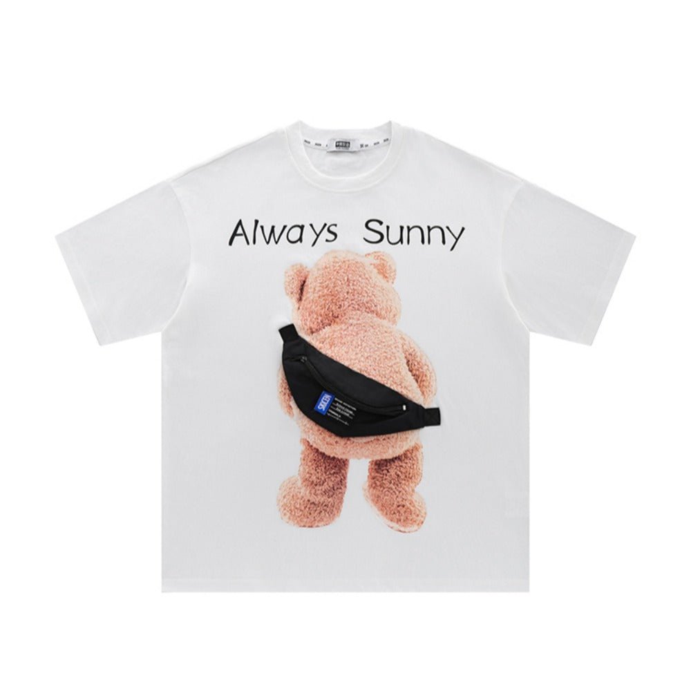 Bear Print Shoulder Bag Short Sleeve T-Shirt - Thrashink
