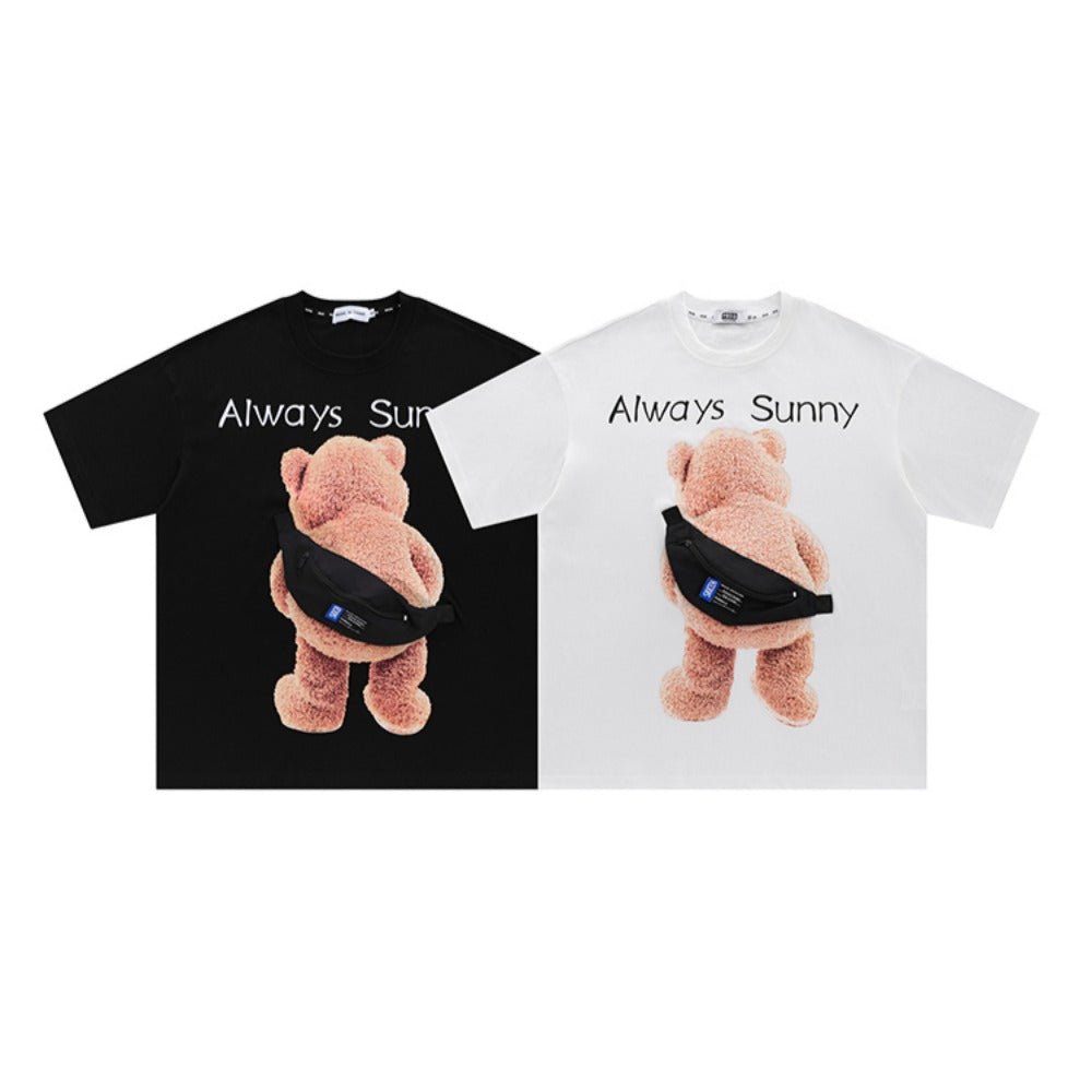 Bear Print Shoulder Bag Short Sleeve T-Shirt - Thrashink